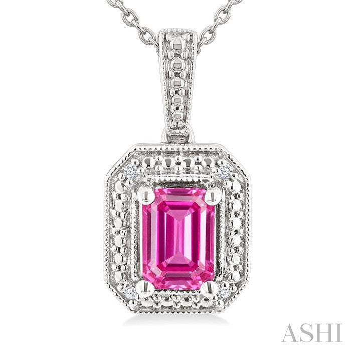 7X5 MM Octagon Shape Lab-Created Pink Sapphire and 1/50 Ctw Round Cut Diamond Precious Pendant With Chain in Sterling Silver