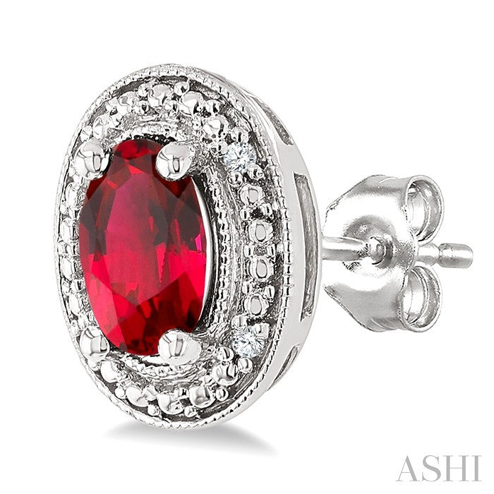6X4 MM Oval Shape Lab-Created Ruby and 1/50 Ctw Round Cut Diamond Precious Earrings in Sterling Silver