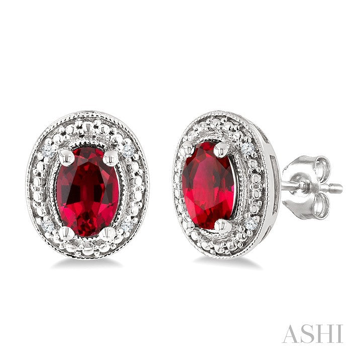 6X4 MM Oval Shape Lab-Created Ruby and 1/50 Ctw Round Cut Diamond Precious Earrings in Sterling Silver