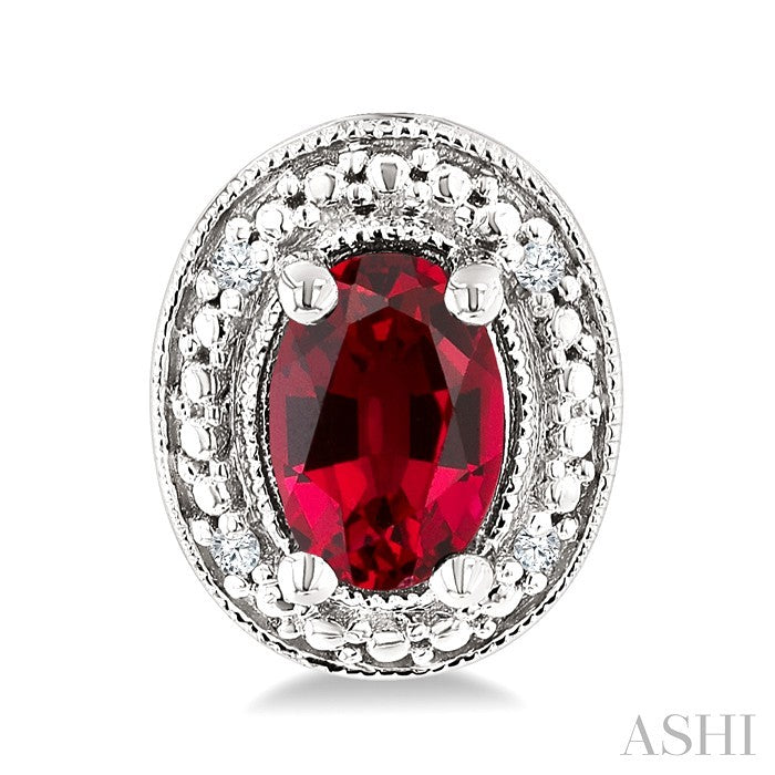 6X4 MM Oval Shape Lab-Created Ruby and 1/50 Ctw Round Cut Diamond Precious Earrings in Sterling Silver