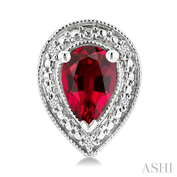 6X4 MM Pear Shape Lab-Created Ruby and 1/50 Ctw Round Cut Diamond Precious Earrings in Sterling Silver