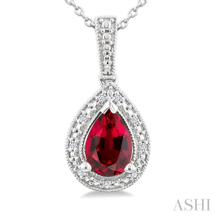 7X5 MM Pear Shape Lab-Created Ruby and 1/50 Ctw Round Cut Diamond Precious Pendant With Chain in Sterling Silver