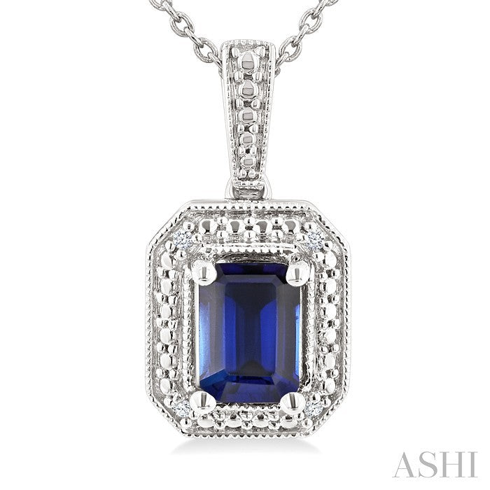 7X5 MM Octagon Shape Lab-Created Sapphire and 1/50 Ctw Round Cut Diamond Precious Pendant With Chain in Sterling Silver