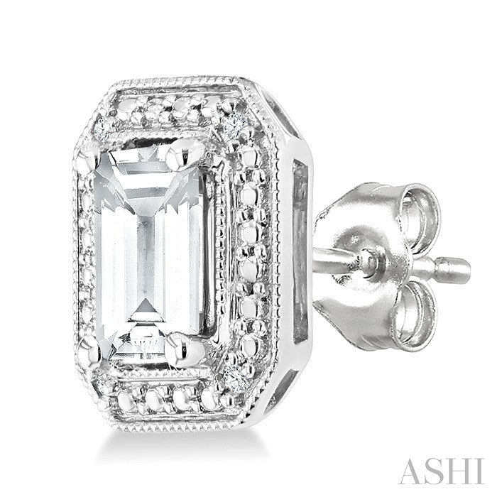 6X4 MM Octagon Shape White Topaz and 1/50 Ctw Round Cut Diamond Semi-Precious Earrings in Sterling Silver
