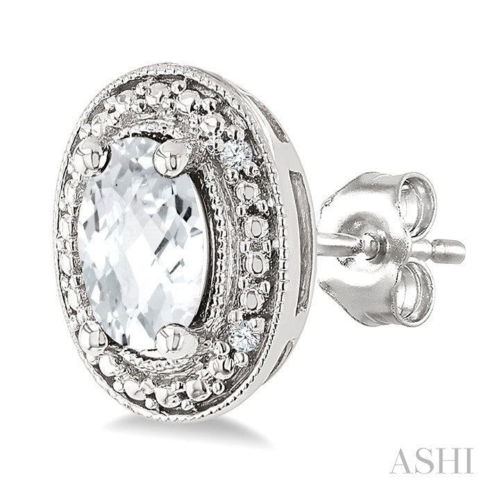 6X4 MM Oval Shape White Topaz and 1/50 Ctw Round Cut Diamond Semi-Precious Earrings in Sterling Silver