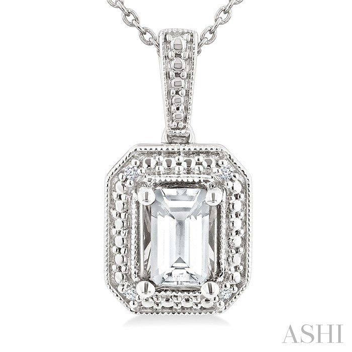 6X4 MM Octagon Shape White Topaz and 1/50 Ctw Round Cut Diamond Semi-Precious Pendant With Chain in Sterling Silver