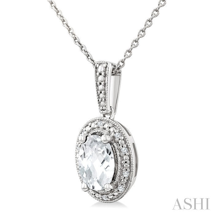 6X4 MM Oval Shape White Topaz and 1/50 Ctw Round Cut Diamond Semi-Precious Pendant With Chain in Sterling Silver