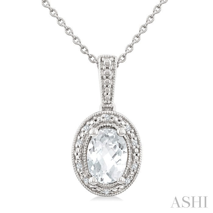 6X4 MM Oval Shape White Topaz and 1/50 Ctw Round Cut Diamond Semi-Precious Pendant With Chain in Sterling Silver