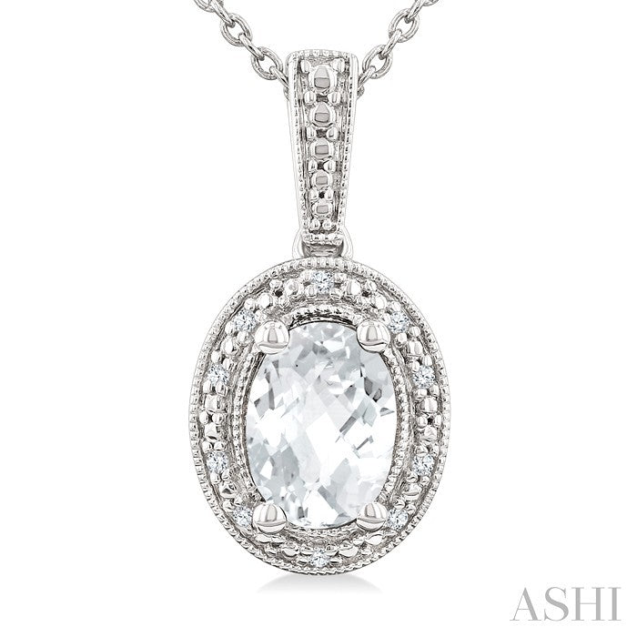 6X4 MM Oval Shape White Topaz and 1/50 Ctw Round Cut Diamond Semi-Precious Pendant With Chain in Sterling Silver