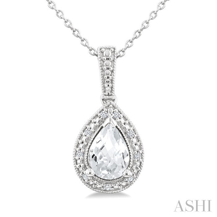 6X4 MM Pear Shape White Topaz and 1/50 Ctw Round Cut Diamond Semi-Precious Pendant With Chain in Sterling Silver