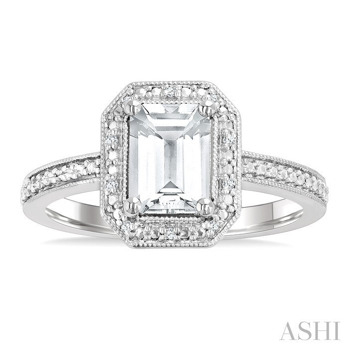 6X4 MM Octagon Shape White Topaz and 1/50 Ctw Round Cut Diamond Semi-Precious Ring in Sterling Silver