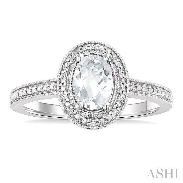 6X4 MM Oval Shape White Topaz and 1/50 Ctw Round Cut Diamond Semi-Precious Ring in Sterling Silver