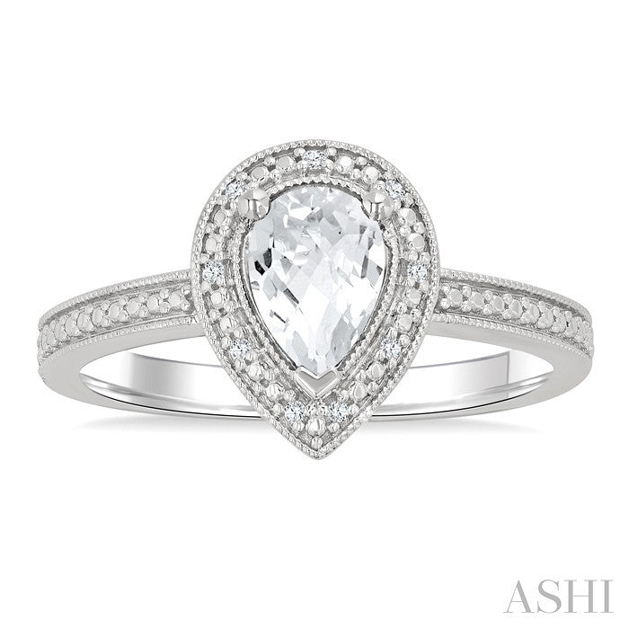 6X4 MM Pear Shape White Topaz and 1/50 Ctw Round Cut Diamond Semi-Precious Ring in Sterling Silver