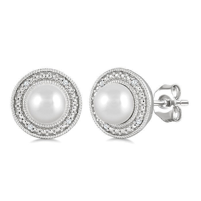 6MM Cultured Pearl and 1/50 Ctw Round Cut Diamond Halo Earrings in Sterling Silver