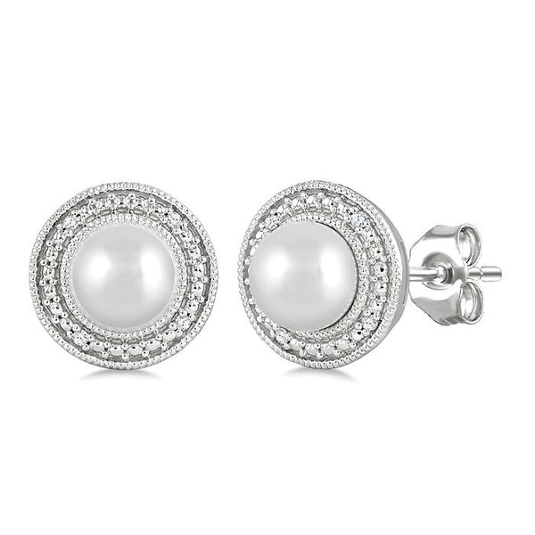 6MM Cultured Pearl and 1/50 Ctw Round Cut Diamond Halo Earrings in Sterling Silver
