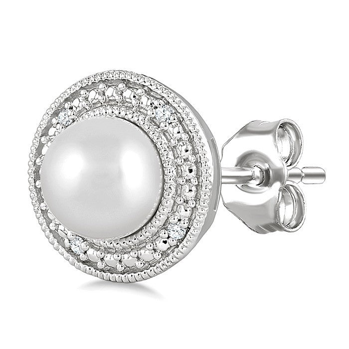 6MM Cultured Pearl and 1/50 Ctw Round Cut Diamond Halo Earrings in Sterling Silver