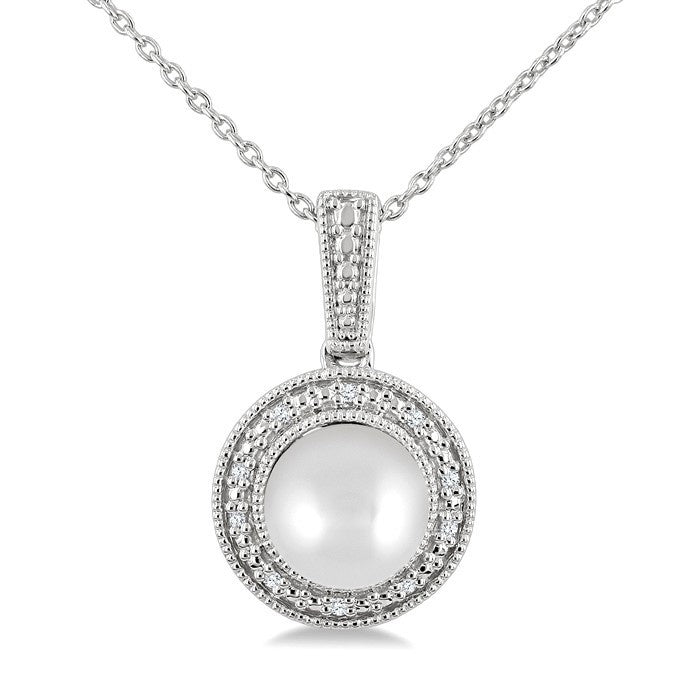 7MM Cultured Pearl and 1/50 Ctw Round Cut Diamond Halo Pendant With Chain in Sterling Silver