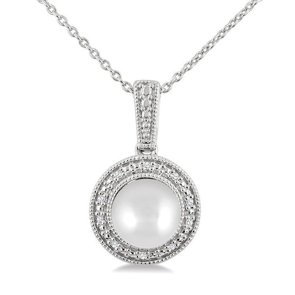 7MM Cultured Pearl and 1/50 Ctw Round Cut Diamond Halo Pendant With Chain in Sterling Silver