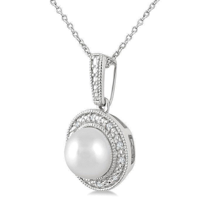 7MM Cultured Pearl and 1/50 Ctw Round Cut Diamond Halo Pendant With Chain in Sterling Silver