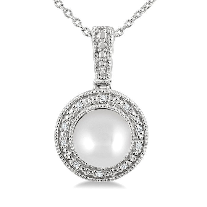 7MM Cultured Pearl and 1/50 Ctw Round Cut Diamond Halo Pendant With Chain in Sterling Silver