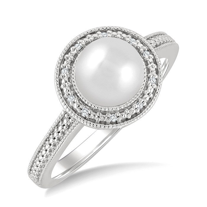 7MM Cultured Pearl and 1/50 Ctw Round Cut Diamond Halo Ring in Sterling Silver