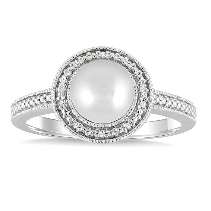 7MM Cultured Pearl and 1/50 Ctw Round Cut Diamond Halo Ring in Sterling Silver