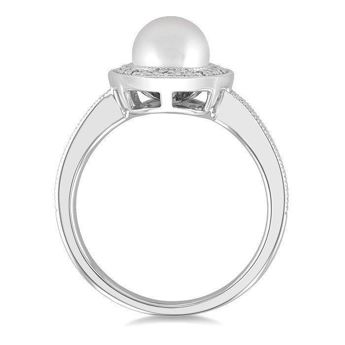7MM Cultured Pearl and 1/50 Ctw Round Cut Diamond Halo Ring in Sterling Silver