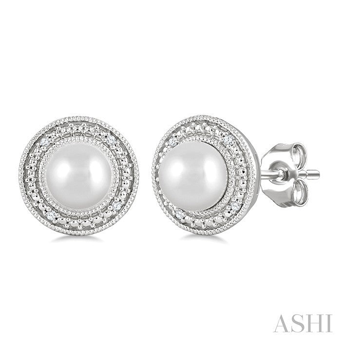 6MM Cultured Pearl and 1/50 Ctw Round Cut Diamond Halo Earrings in Sterling Silver