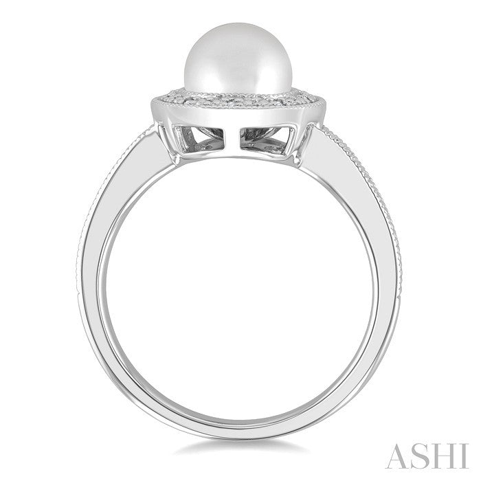 7MM Cultured Pearl and 1/50 Ctw Round Cut Diamond Halo Ring in Sterling Silver
