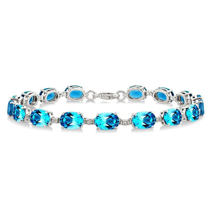 Sherri Silver Oval Shape Blue Topaz Gemstone & 1/10CTW Diamond Bracelet