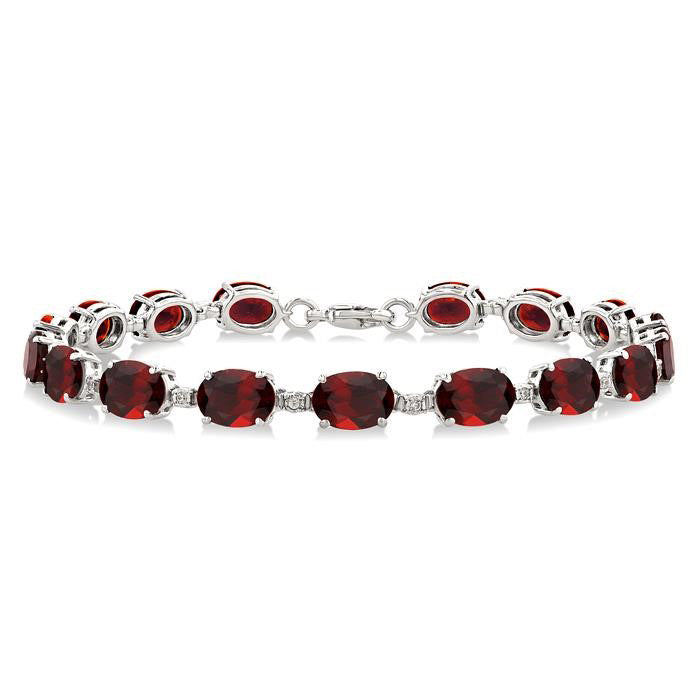 Silver Oval Shape Garnet Gemstone & 1/10CTW Diamond Bracelet