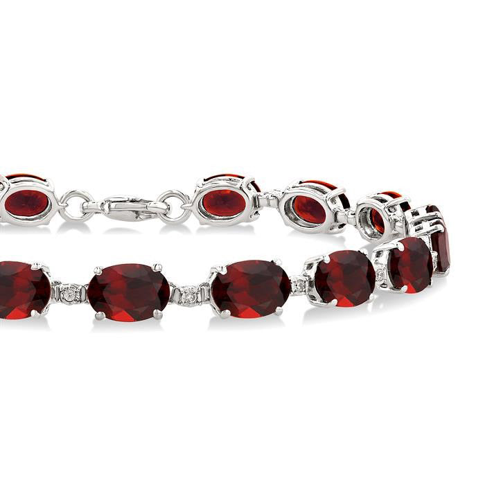 Silver Oval Shape Garnet Gemstone & 1/10CTW Diamond Bracelet