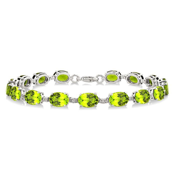 Silver Oval Shape Peridot Gemstone & 1/10CTW Diamond Bracelet