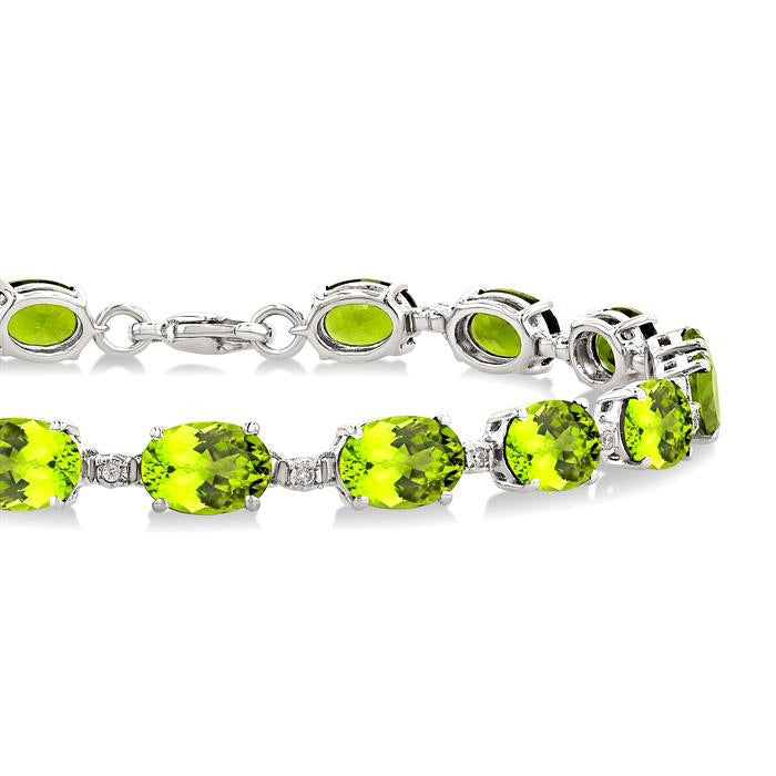 Silver Oval Shape Peridot Gemstone & 1/10CTW Diamond Bracelet
