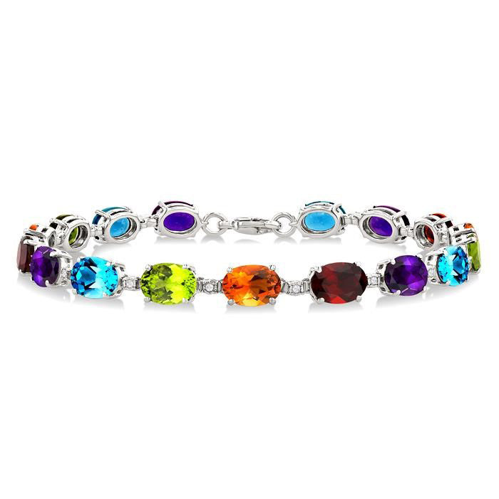 Silver Oval Shape Rainbow Gemstone & 1/10CTW Diamond Bracelet