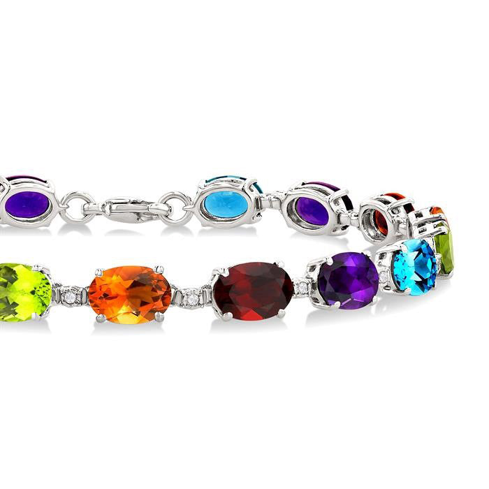 Silver Oval Shape Rainbow Gemstone & 1/10CTW Diamond Bracelet