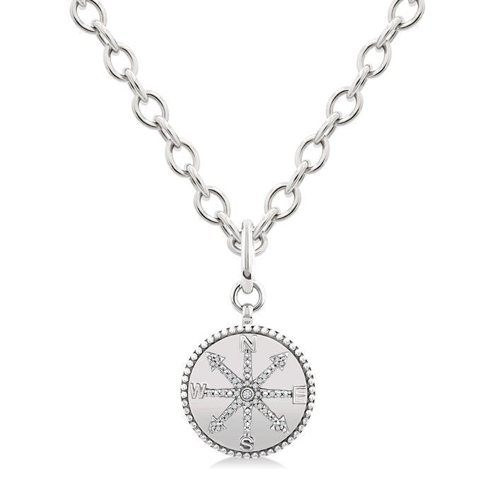 1/10 Ctw Compass medallion Round Cut Diamond Pendant With Chain in Sterling Silver