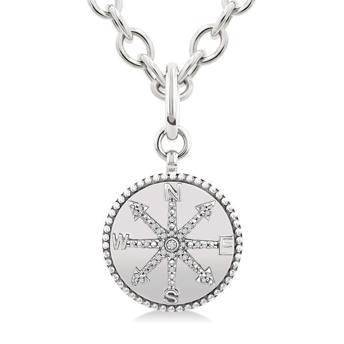 1/10 Ctw Compass medallion Round Cut Diamond Pendant With Chain in Sterling Silver