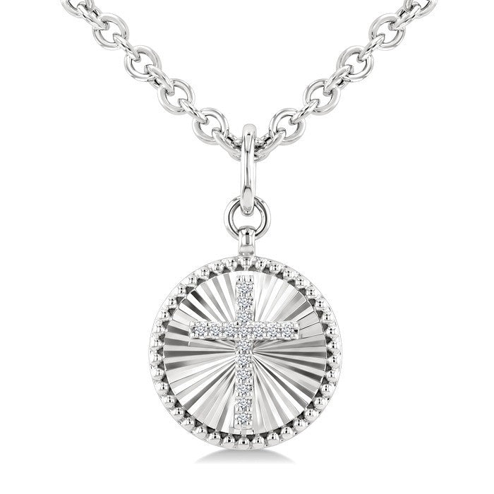 1/10 Ctw Latin Cross Round Cut Diamond Pirouette Round Fluted Medallion Fashion Pendant With Chain in Sterling Silver