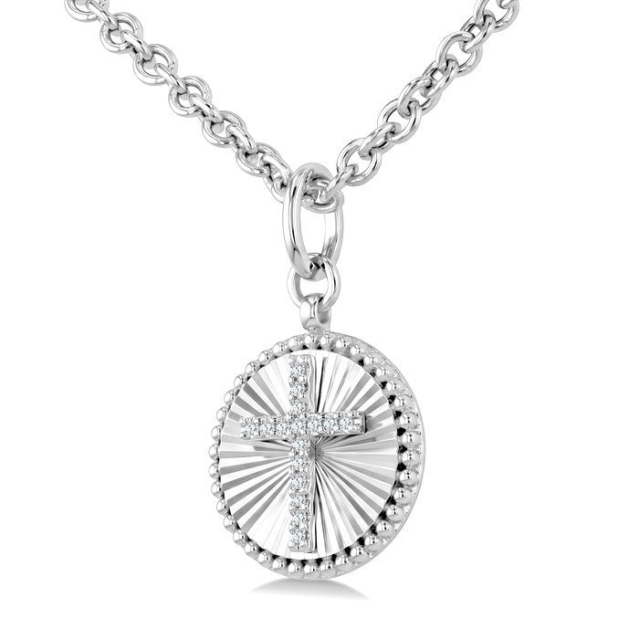 1/10 Ctw Latin Cross Round Cut Diamond Pirouette Round Fluted Medallion Fashion Pendant With Chain in Sterling Silver