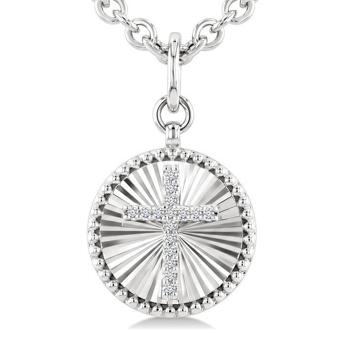 1/10 Ctw Latin Cross Round Cut Diamond Pirouette Round Fluted Medallion Fashion Pendant With Chain in Sterling Silver