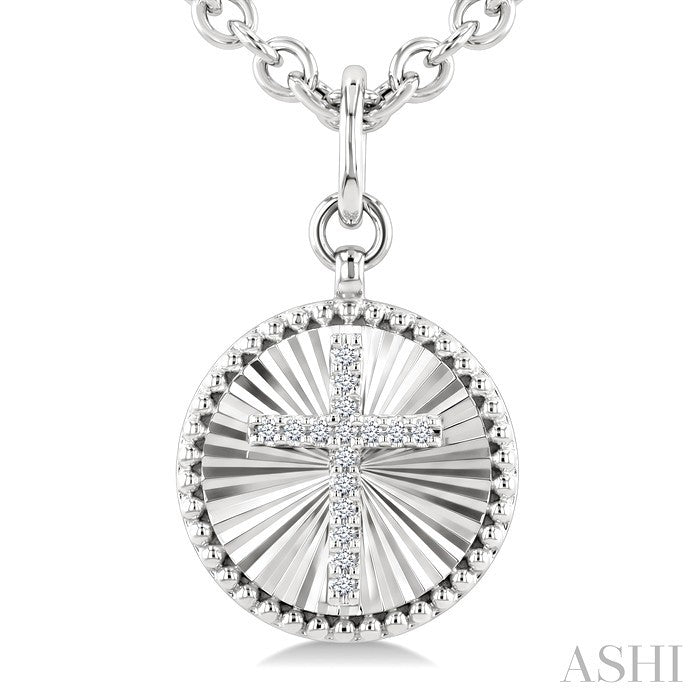 1/10 Ctw Latin Cross Round Cut Diamond Pirouette Round Fluted Medallion Fashion Pendant With Chain in Sterling Silver
