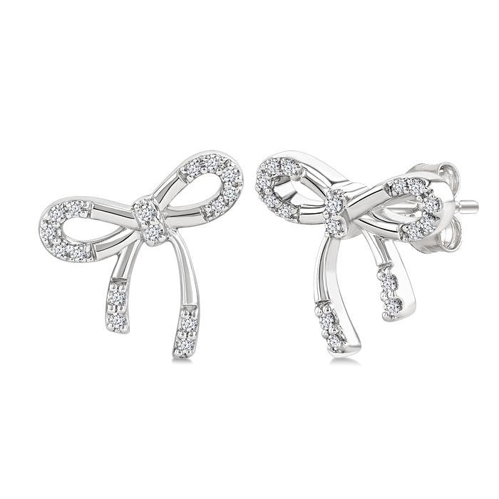 1/10 Ctw Bow Round Cut Diamond Fashion Earrings in Sterling Silver