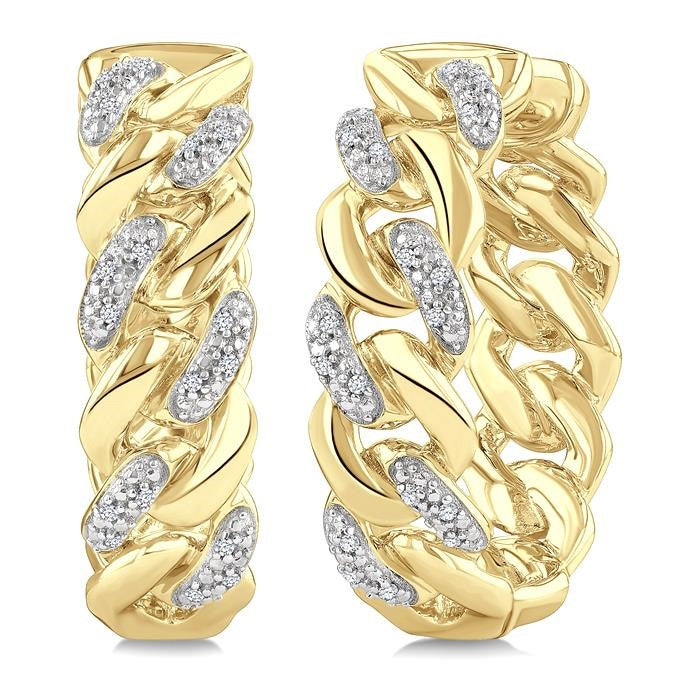 1/10 Ctw Round Cut Diamond Cuban Link Hoop Earrings in Yellow Gold Vermeil