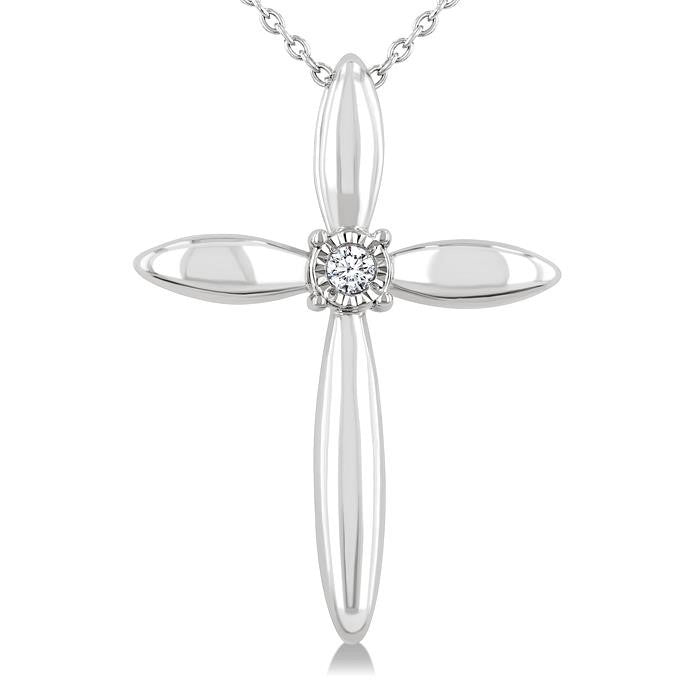 1/50 Ctw Round Cut Diamond Fashion Cross Pendant With Chain in Sterling Silver