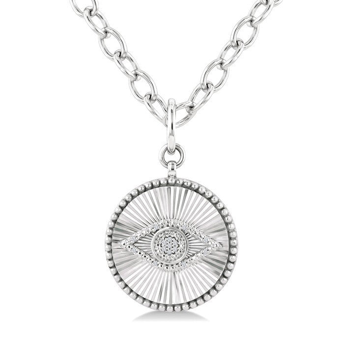 1/20 Ctw Evil Eye Round Cut Diamond Pirouette Round Fluted Medallion Fashion Pendant With Chain in Sterling Silver