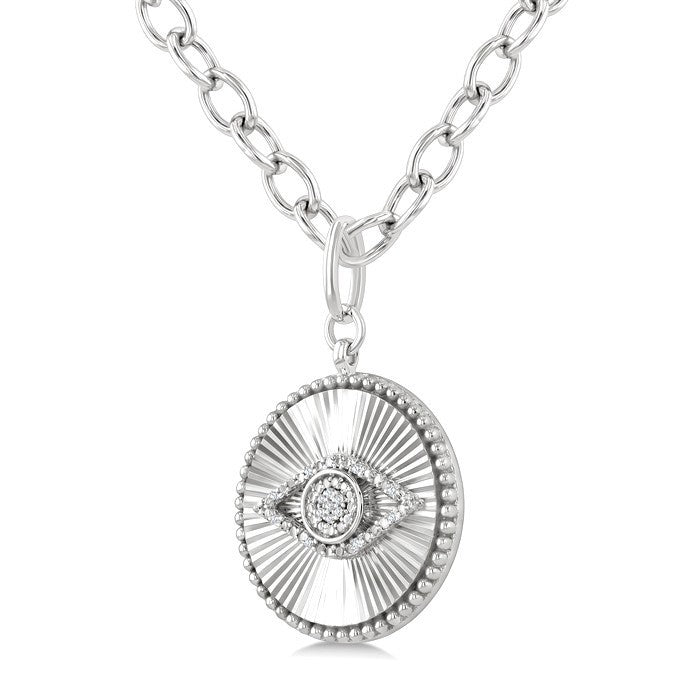 1/20 Ctw Evil Eye Round Cut Diamond Pirouette Round Fluted Medallion Fashion Pendant With Chain in Sterling Silver