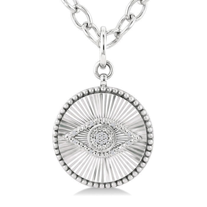 1/20 Ctw Evil Eye Round Cut Diamond Pirouette Round Fluted Medallion Fashion Pendant With Chain in Sterling Silver
