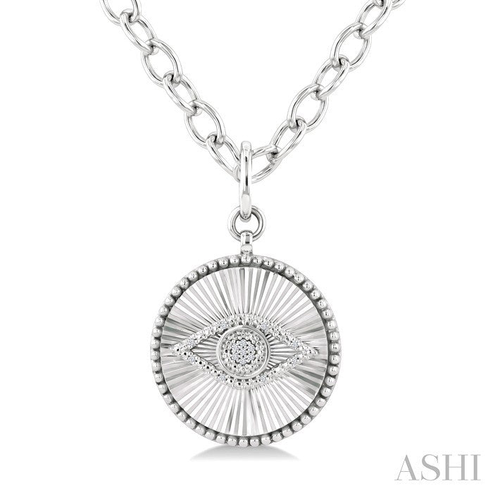 1/20 Ctw Evil Eye Round Cut Diamond Pirouette Round Fluted Medallion Fashion Pendant With Chain in Sterling Silver