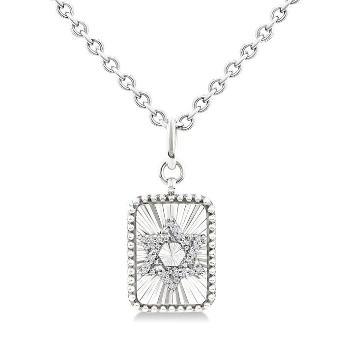 1/10 Ctw Rectangle Fluted Medallion Round Cut Diamond Star of David Pendant With Chain in Sterling Silver